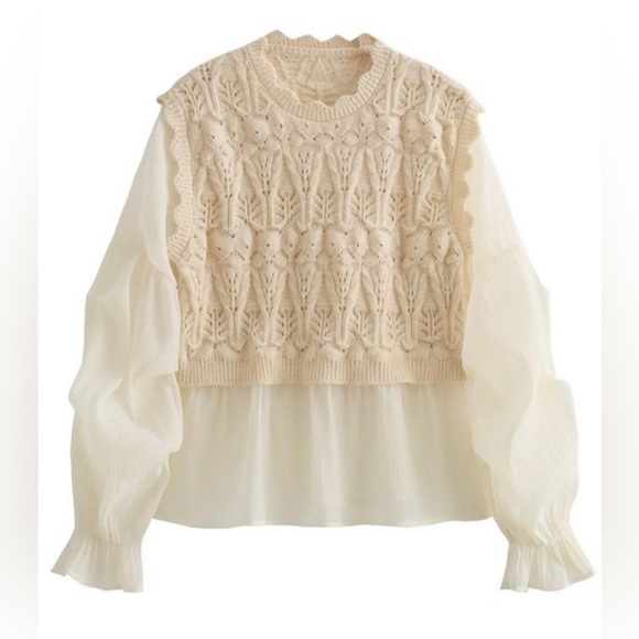 Ava Solid Long Sleeve Crochet Sweater In Beige, brand new without tags - Picture 4 of 10